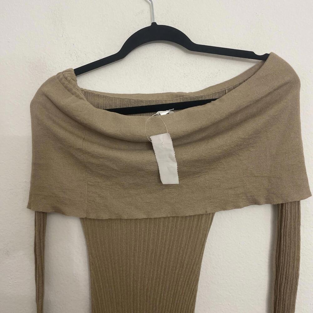 Helsa Justin Knit Off the Shoulder Sheer Long Sleeve Beige Maxi Dress S $258msrp - Picture 9 of 11